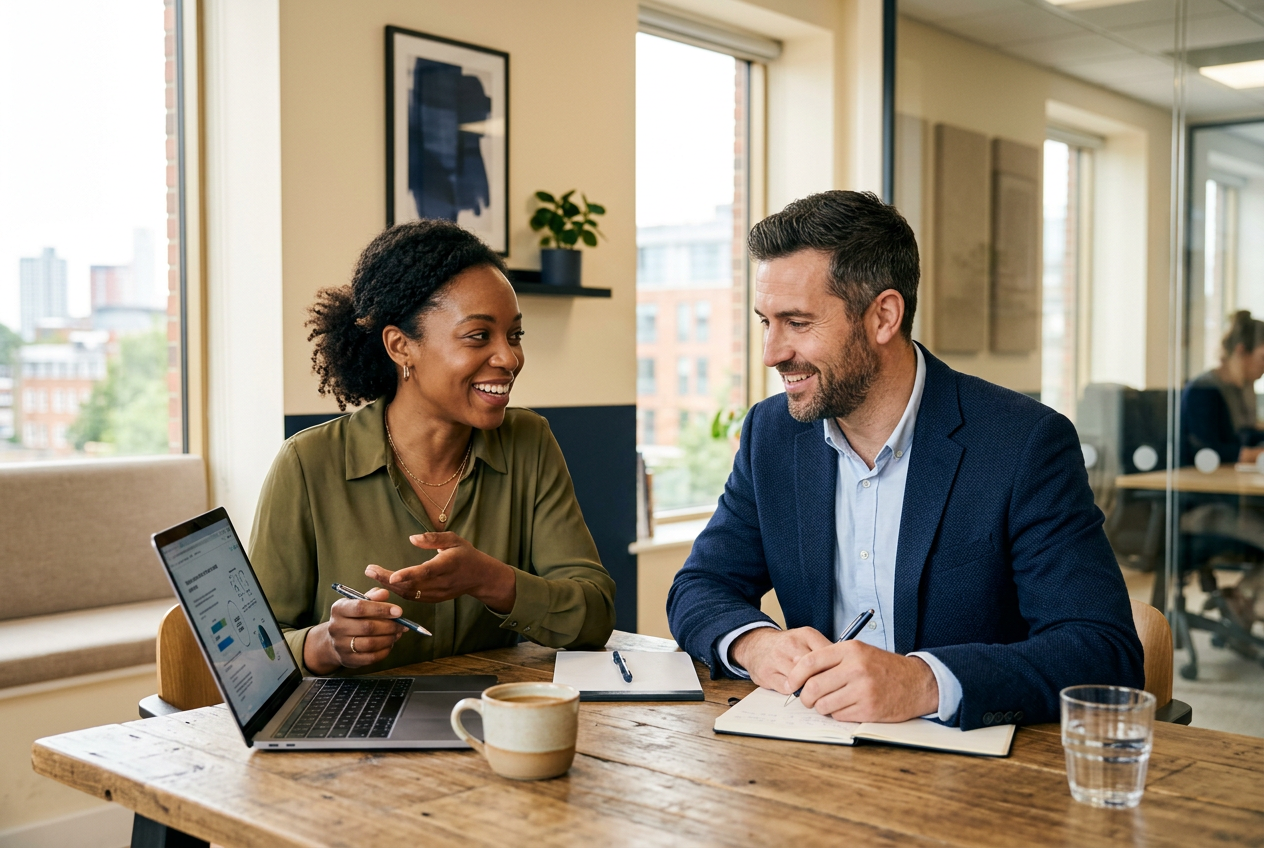 Two staffing firm leaders reviewing their sales plan on a laptop